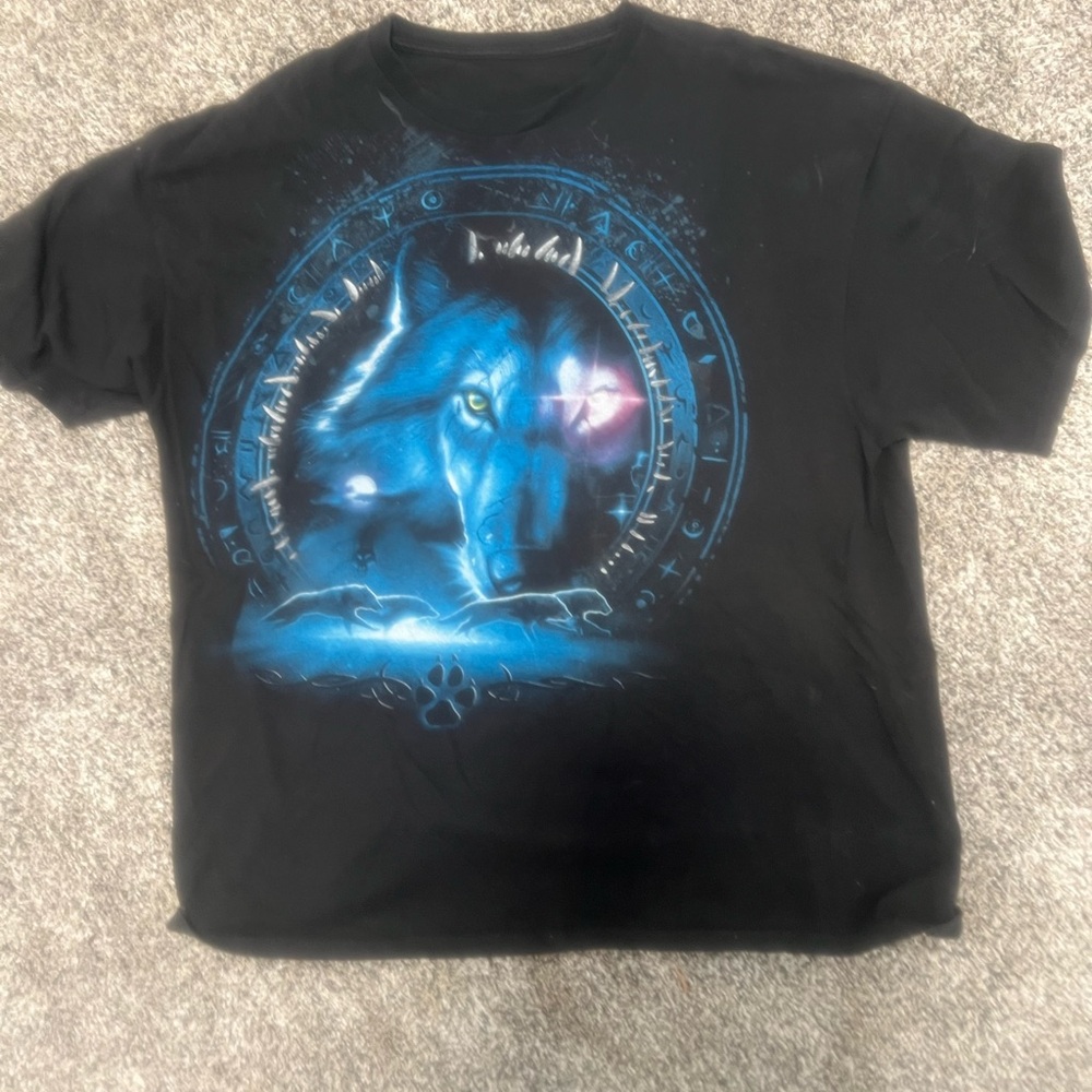 Black T-Shirt with Blue Wolf Design